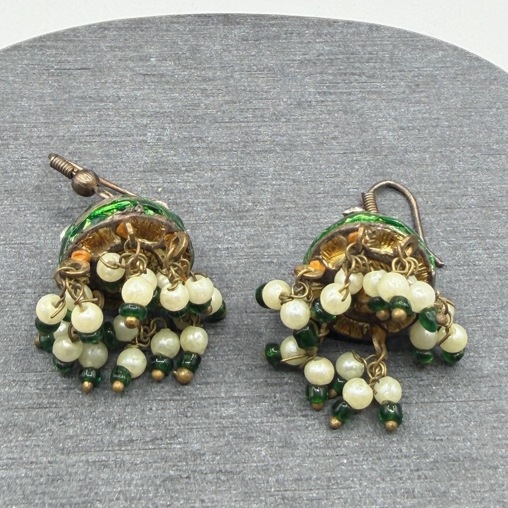 Green Enamel Rhinestone Beaded Dangle Earrings Boho Cluster Drop Pierced Hooks